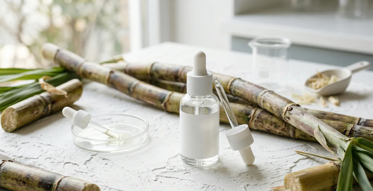 Flacone di siero all'acido glicolico su sfondo verde chiaro con foglie di canna da zucchero, esfoliante chimico AHA per la pelle del viso