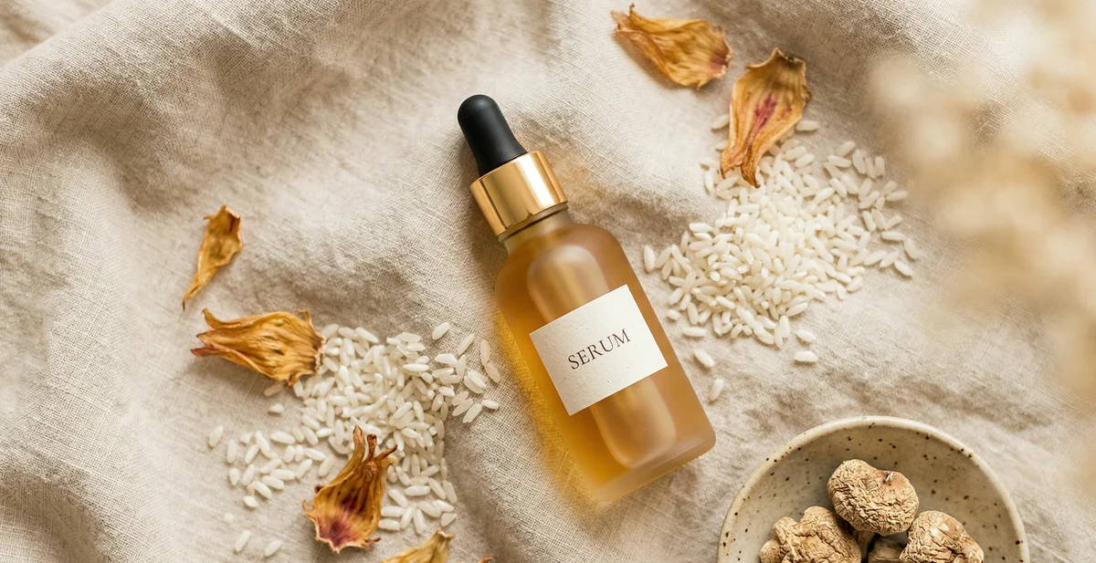 Flat lay editoriale con siero all'acido kojico, fiori di ibisco e riso su superficie di lino beige