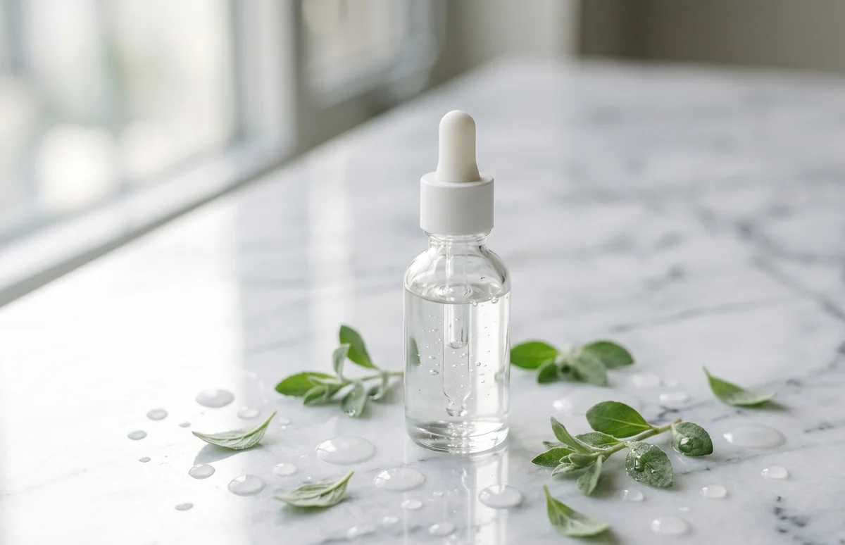 Siero idratante con acido poliglutammico in bottiglia vetro con contagocce su superficie marmo bianco con gocce d'acqua e foglie fermentate