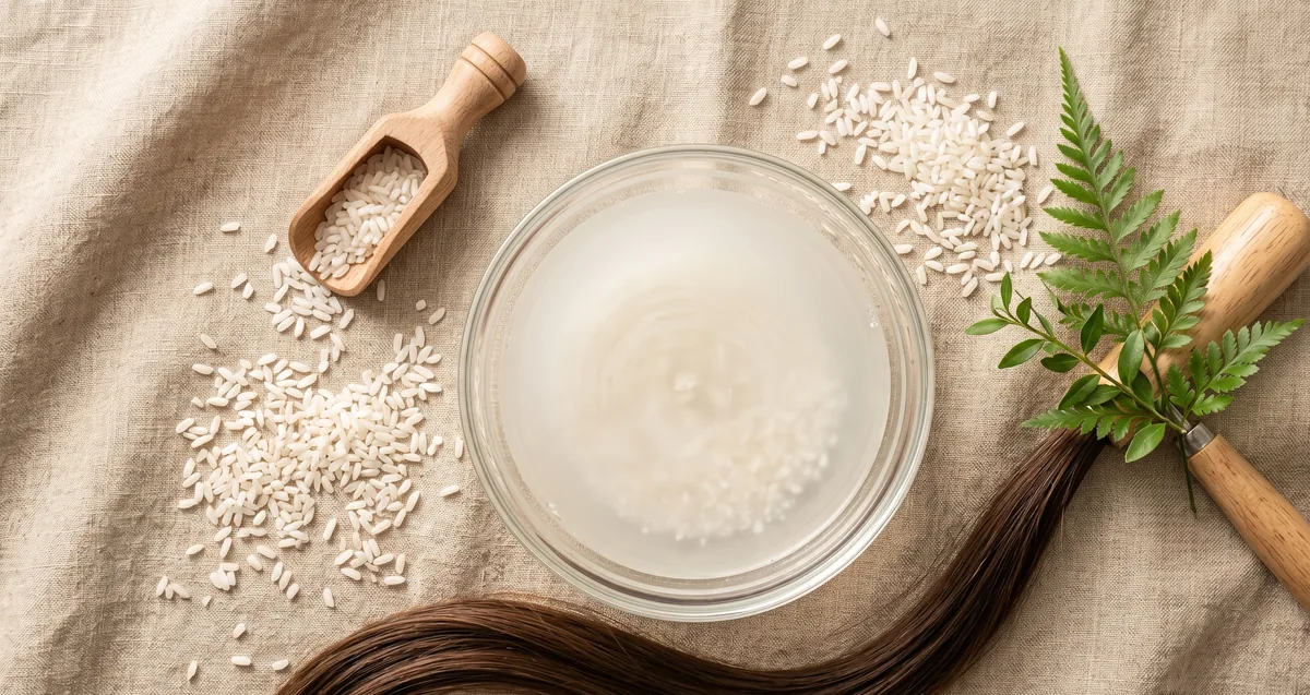 Ciotola di acqua di riso lattiginosa accanto a chicchi di riso crudo per un trattamento naturale per capelli