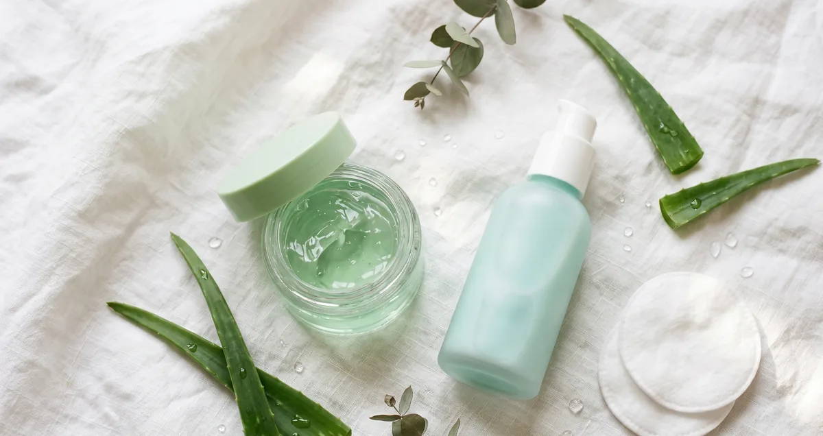 Pelle con eruzione da lucite estiva sull'avambraccio e gel doposole lenitivo su sfondo estivo