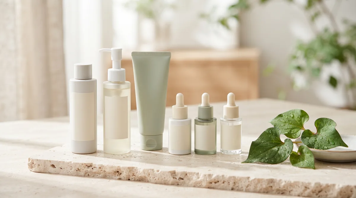 Flaconi di skincare coreana Anua con foglie di heartleaf, per le recensioni dei migliori prodotti del marchio