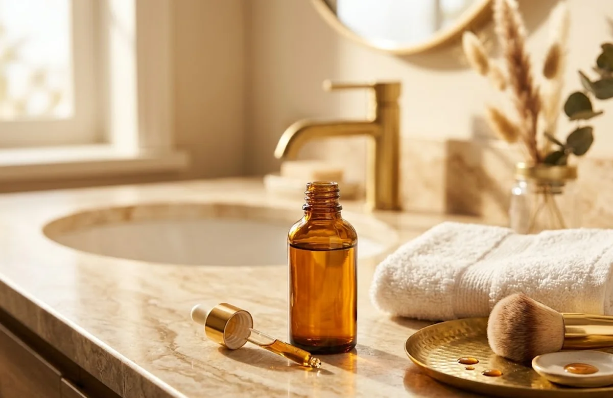 Donna allo specchio applica autoabbronzante viso in gocce con pipetta, guida completa Gloora