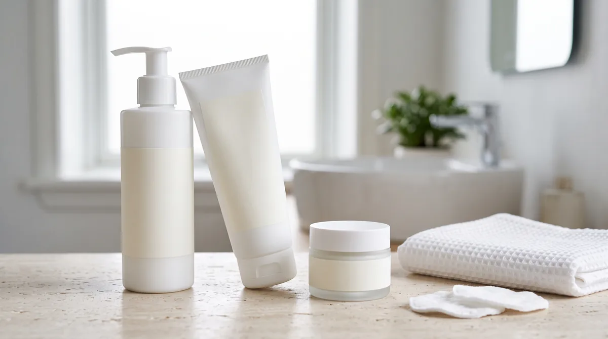BioNike recensioni: latte detergente, crema viso e crema corpo da farmacia in flaconi bianchi su un lavabo chiaro