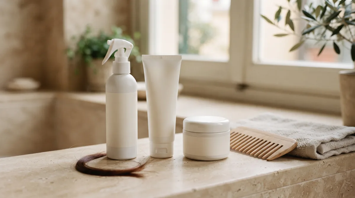 Flacone spray, tubo di crema e vasetto di maschera per capelli su un piano chiaro, recensioni dei prodotti Biopoint