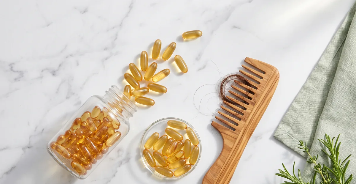 Capsule di biotina per capelli accanto a una ciocca di capelli castani su superficie chiara e neutra