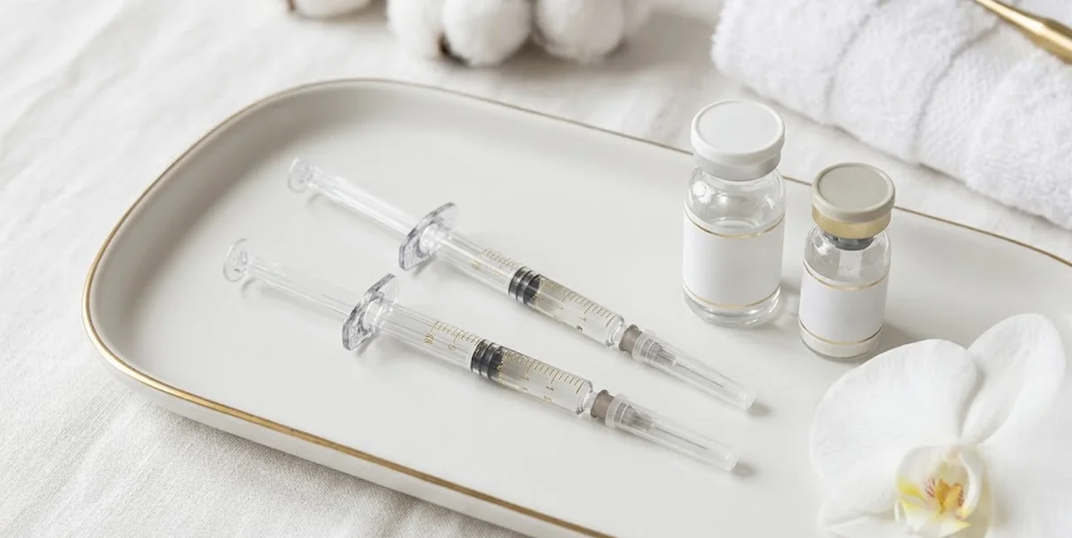 Trattamenti estetici viso botox e filler su sfondo clinico elegante