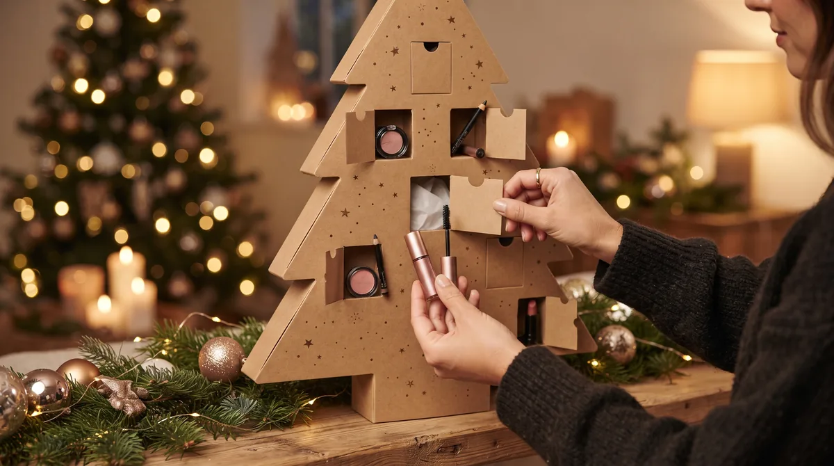 Calendario avvento essence 2026: scatole viola ad albero e rosa da pasticceria aperte con gloss, mascara e smalti