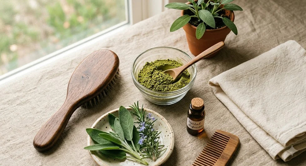 Capelli castani con primi capelli bianchi visibili sulla tempia accanto a pennello e ciotola di tinta su superficie chiara