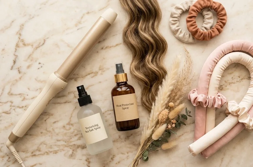 Donna con capelli mossi e onde morbide luminose, esempio di beach waves naturali fatte a casa