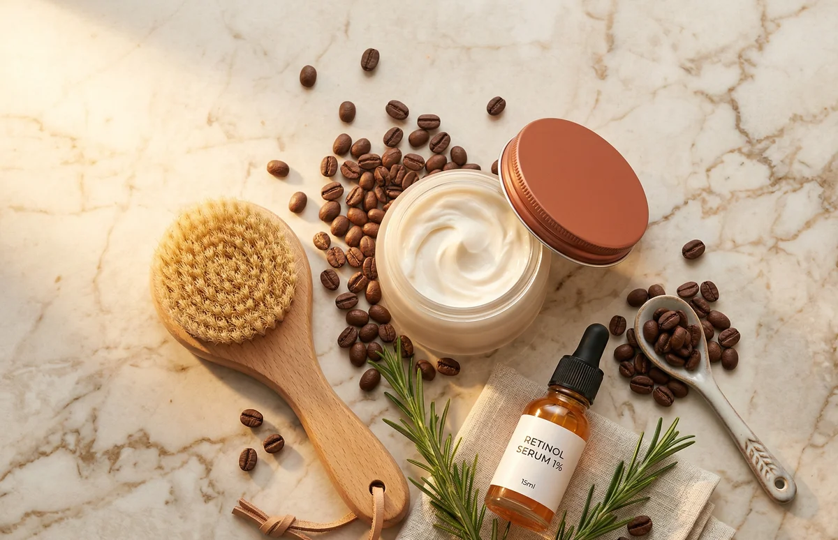 Prodotti anticellulite e ingredienti naturali su superficie elegante con texture skin care