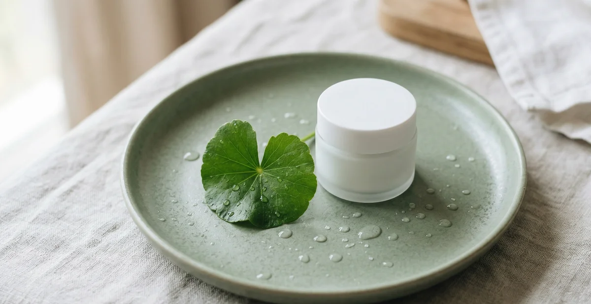 Foglie verdi di centella asiatica su sfondo morbido con texture di crema skincare, atmosfera naturale e pulita