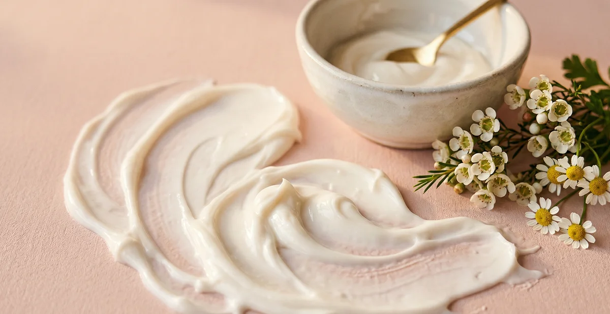 Vasetto di crema con ceramidi su superficie bianca, texture liscia e idratata della pelle sullo sfondo