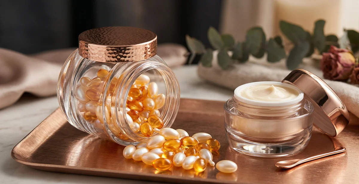 Texture di collagene e peptidi sulla pelle, concetto di skincare anti-age per elasticità e compattezza