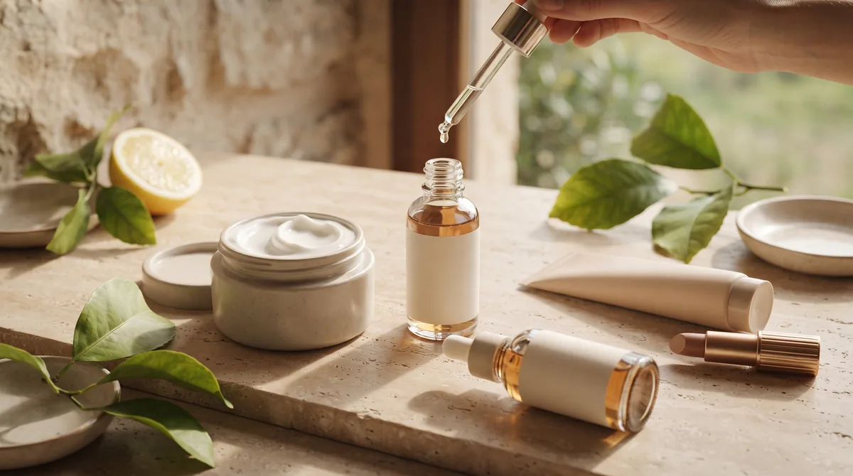 Creme, siero e rossetto aperti su un piano di travertino alla luce del mattino
