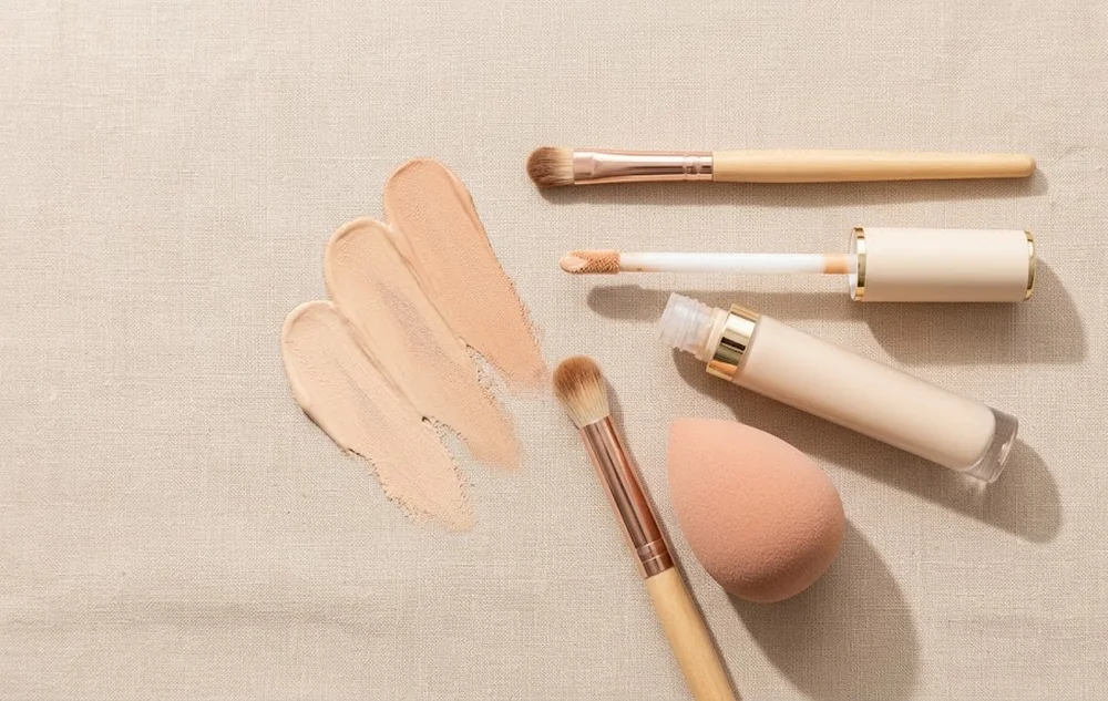 Applicazione del correttore sotto l'occhio con pennello e spugnetta, tutorial makeup su superficie chiara