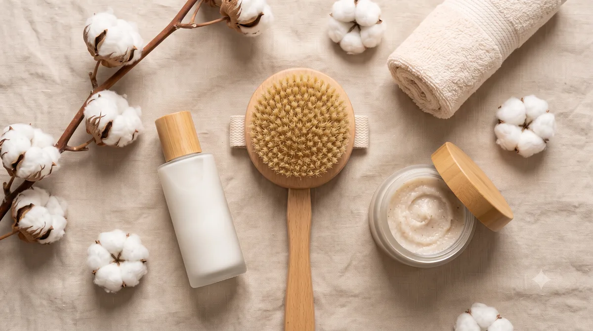 Boccette di profumo in vetro ambrato e trasparente su vassoio di marmo chiaro con fiori secchi e luce naturale radente