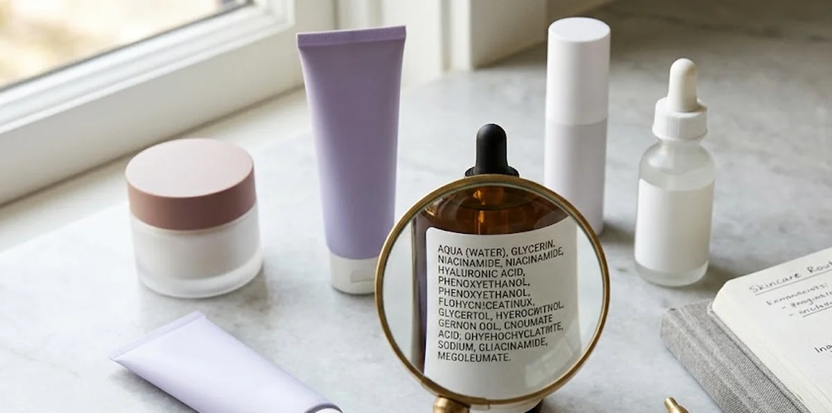 Etichetta INCI di prodotto cosmetico con lente di ingrandimento su superficie chiara