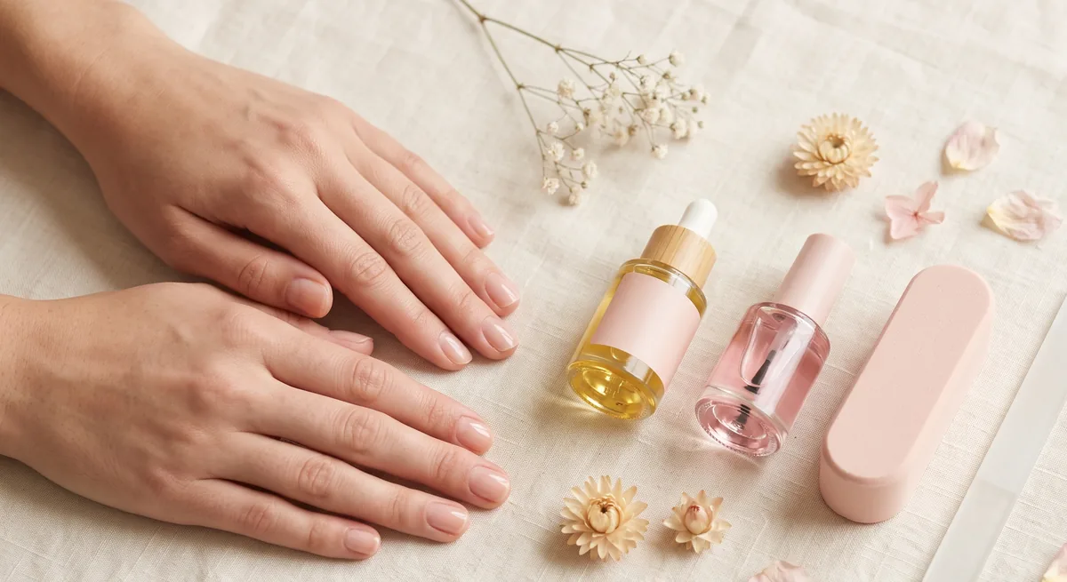 Mani con unghie corte e curate mentre si applica olio sulla cuticola per rinforzare unghie deboli che si sfaldano