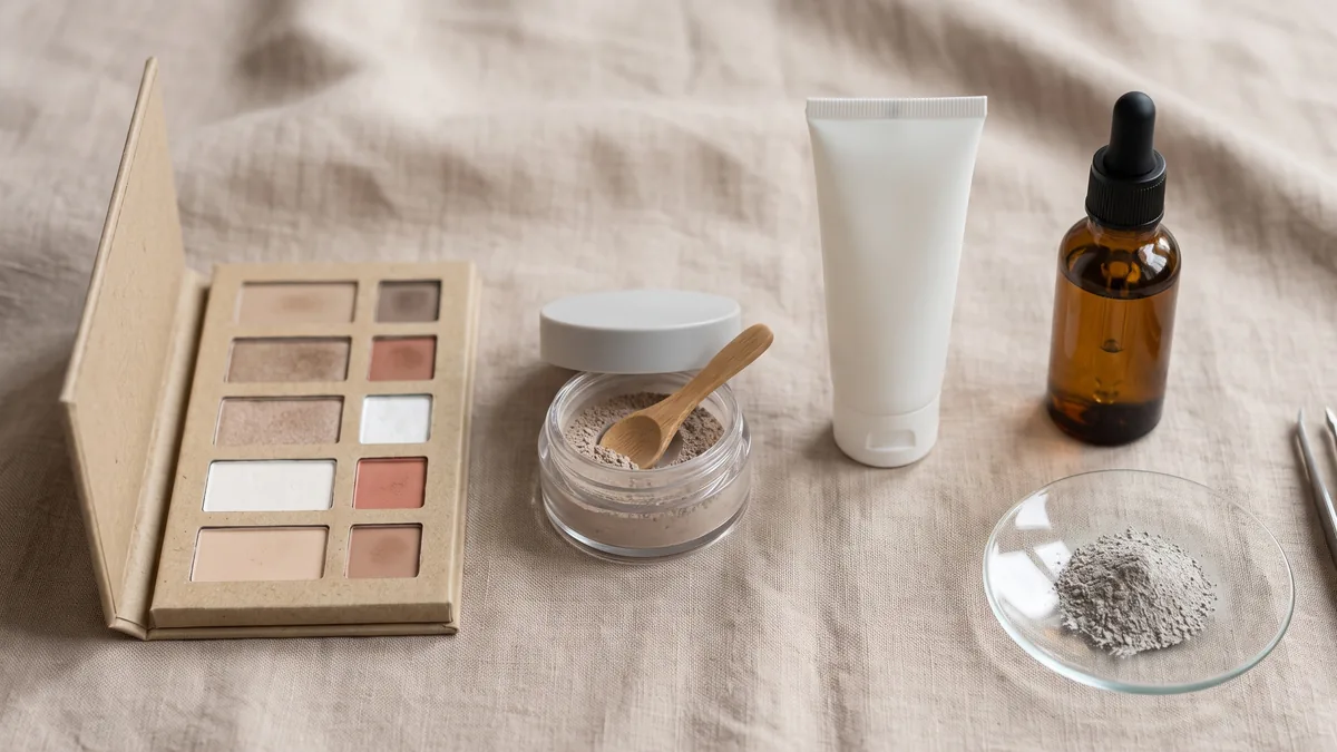 Ombretti e polveri minerali colorate accanto a un'etichetta di cosmetici nichel free e nichel tested