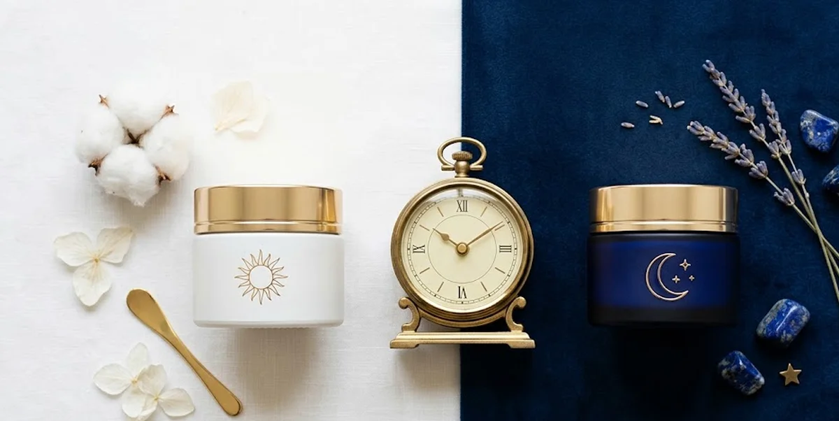 Due creme viso giorno e notte a confronto su superficie elegante