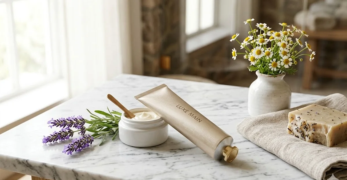 Tubetto di crema mani aperto accanto a due mani femminili idratate su asciugamano beige di lino con fiori di lavanda