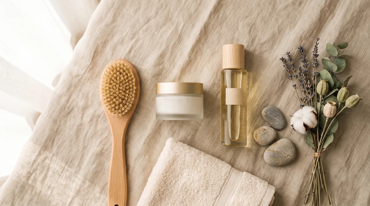 Donna applica crema idratante sulla gamba durante la routine di cura del corpo, pelle luminosa e curata
