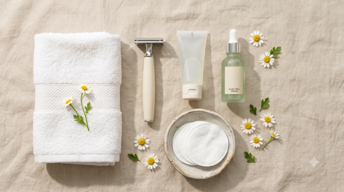 Prodotti per la depilazione della zona bikini su asciugamano bianco: rasoio, gel lenitivo, salviette e fiori di camomilla su superficie chiara