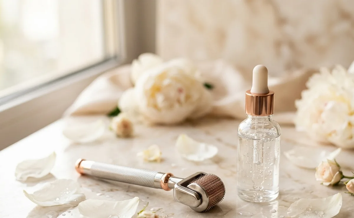 Dermaroller viso 0.25mm appoggiato su asciugamano bianco accanto a siero per skincare anti-age