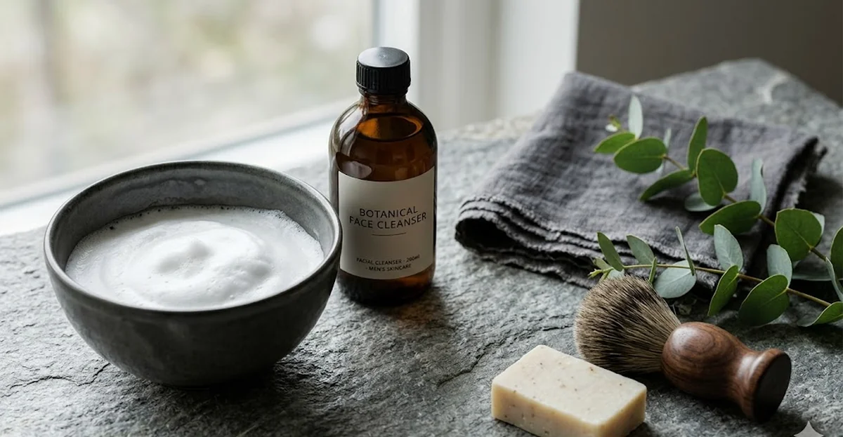 Flacone di detergente viso uomo accanto a pennello da barba e asciugamano bianco su tavolo di pietra scura