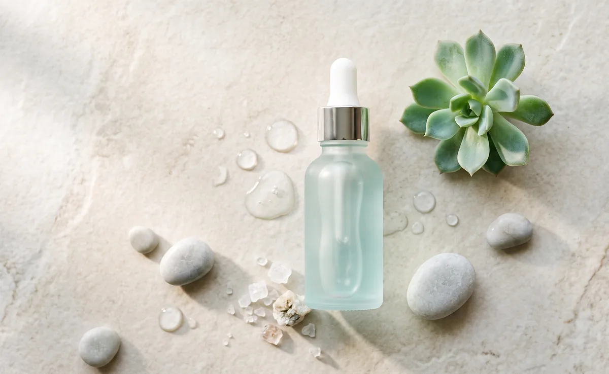 Siero con ectoina versato da un contagocce accanto a una foglia, ingrediente idratante e protettivo per pelle sensibile