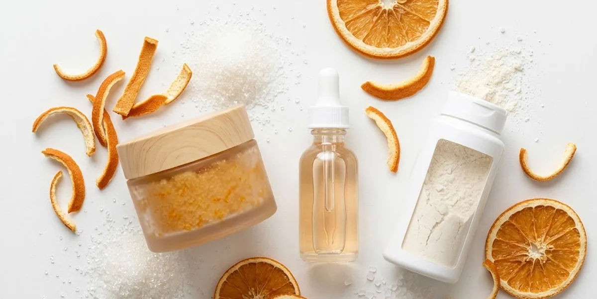 Prodotti per esfoliazione viso — scrub fisico, siero AHA e enzimi — su sfondo bianco con texture granulosa visibile