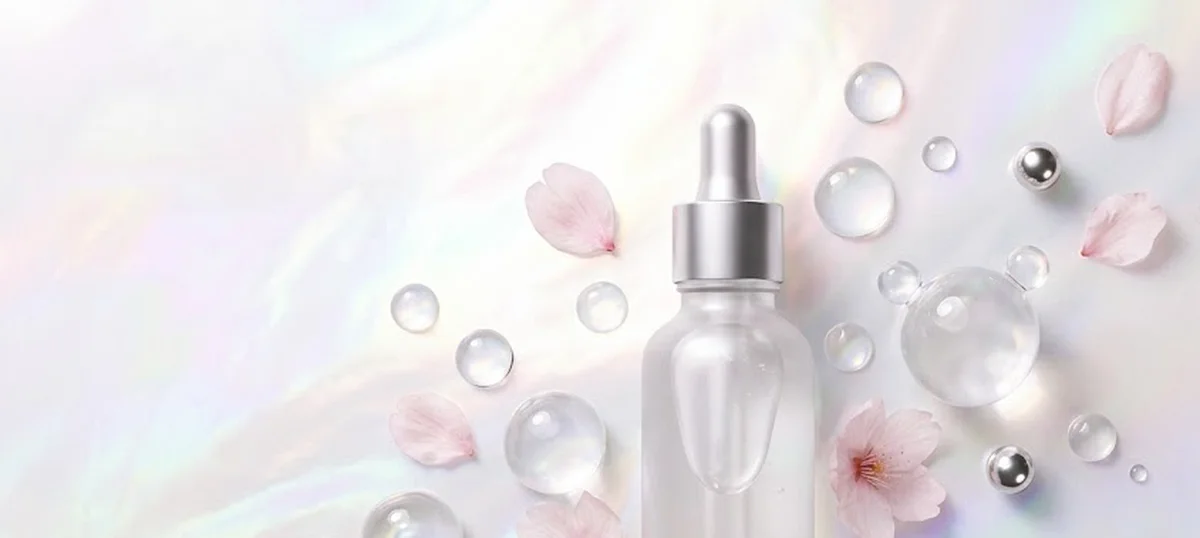 Siero luminoso con effetto dewdrop e microsfere su sfondo azzurro chiaro, tema esosomi skincare