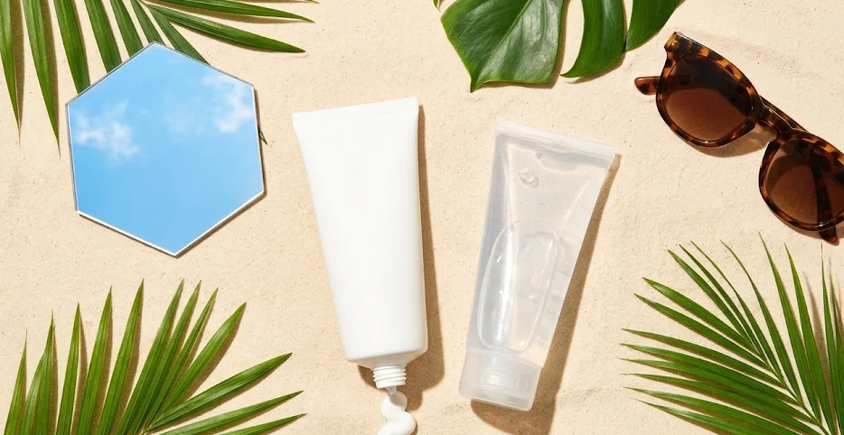 Due creme solari a confronto su sfondo estivo chiaro