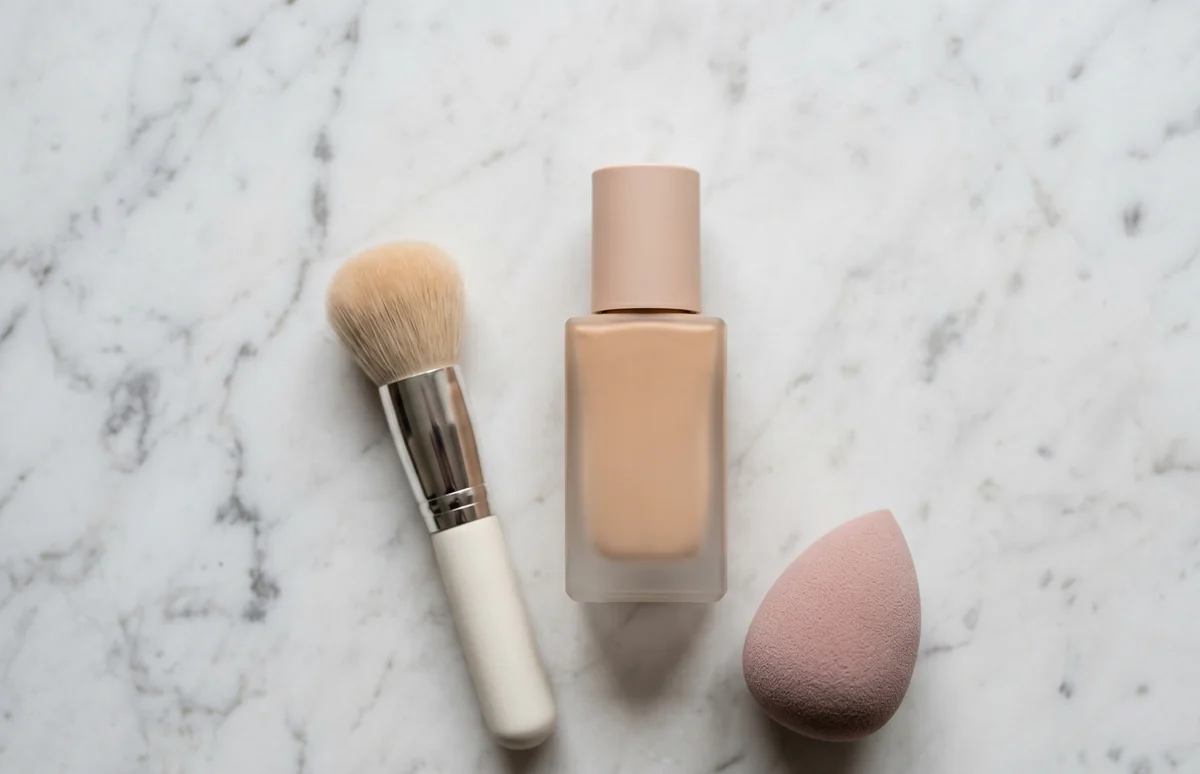 Fondotinta matte in flacone vetro smerigliato su superficie marmo bianco con pennello kabuki e spugnetta beauty blender