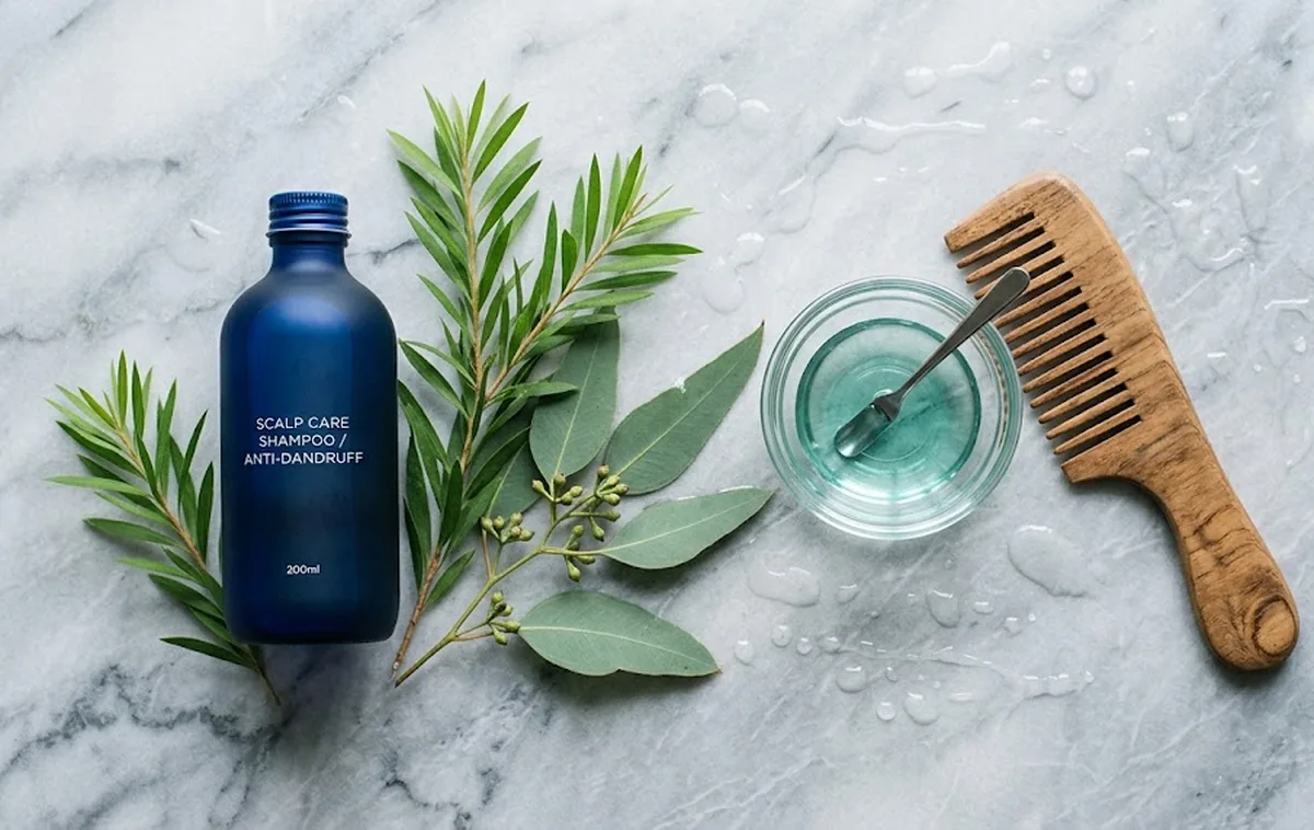 Cuoio capelluto con forfora visibile e flacone di shampoo antiforfora con etichetta INCI per scegliere gli attivi giusti contro la desquamazione