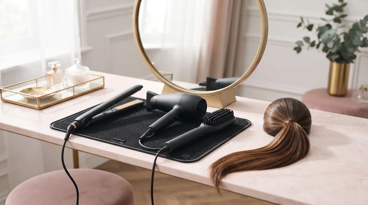 ghd recensioni: piastre professionali, phon e spazzola lisciante della linea ghd su un piano da toeletta