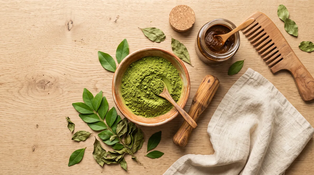 Polvere di henné verde in ciotola di ceramica con pestello e foglie di lawsonia su superficie in legno chiaro, preparazione tinta naturale capelli