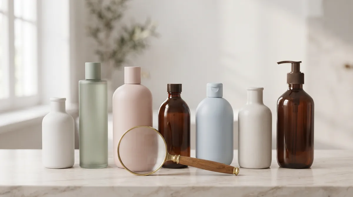 Sette flaconi di shampoo senza etichetta su un piano di marmo, con una lente d’ingrandimento appoggiata davanti