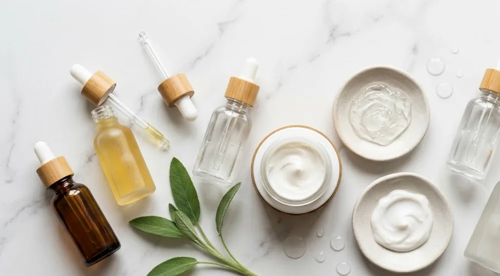 Ingredienti skincare disposti su un piano: sieri, acidi esfolianti e attivi cosmetici con etichette INCI