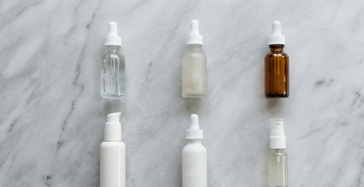 Flaconi di sieri skincare con ingredienti attivi diversi e segnali di incompatibilità su superficie chiara