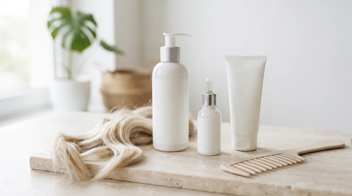 Maschera per capelli in flacone bianco con dosatore accanto a ciocche bionde decolorate, per le recensioni K18