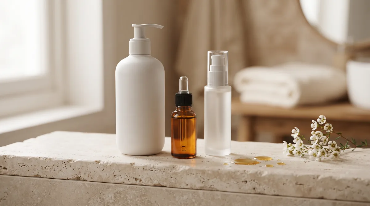 Flaconi di shampoo e olio per capelli su un ripiano chiaro da bagno, recensioni dei prodotti Kérastase