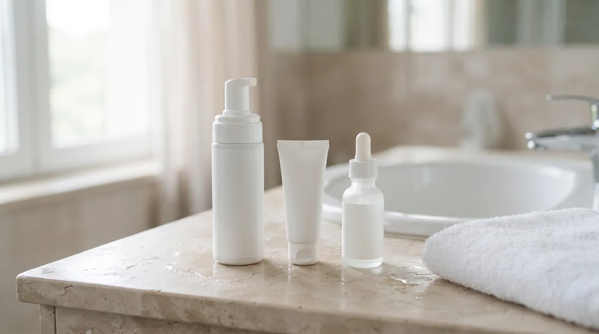 La Roche-Posay opinioni: gel detergente, crema viso e siero in flaconi bianchi senza etichetta su un lavabo chiaro