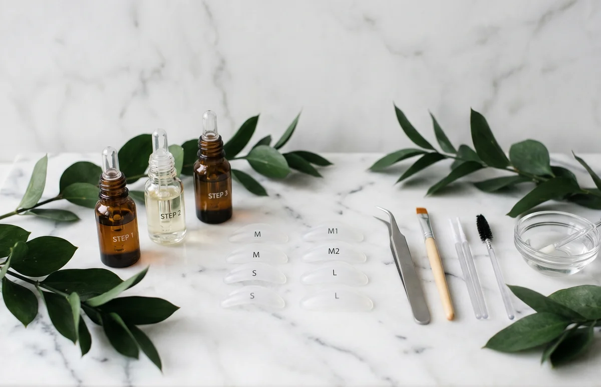 Flat lay di prodotti per la cura delle ciglia su marmo bianco con petali bianchi