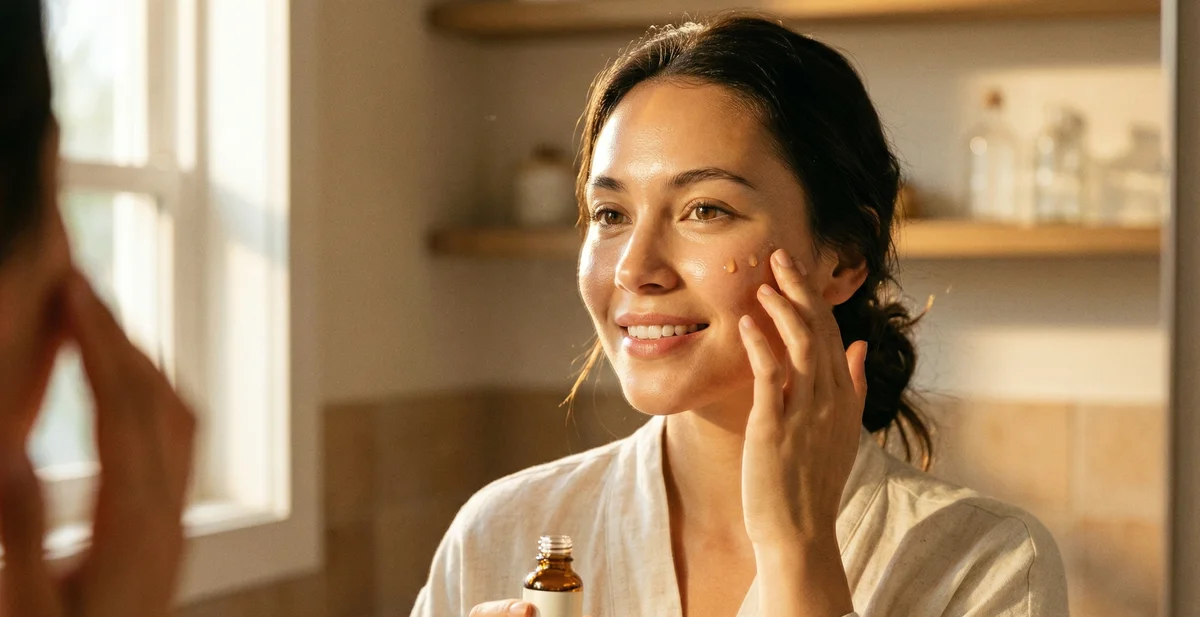 Primo piano di viso con pelle luminosa e uniforme, siero schiarente e gocce di vitamina C su sfondo morbido per trattamento macchie viso