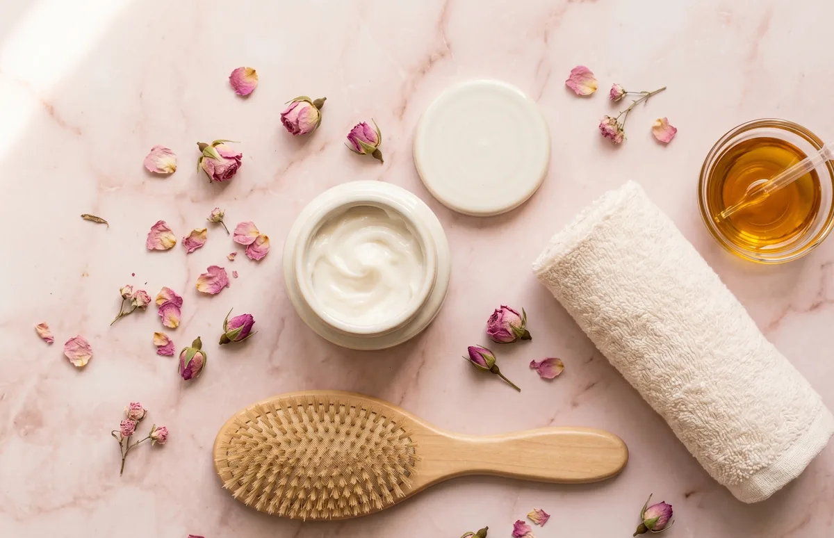 Maschera per capelli stesa sulle lunghezze umide con pettine a denti larghi su sfondo neutro chiaro