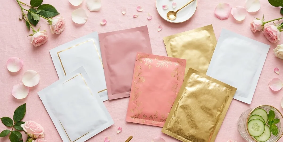 Maschere in tessuto e sieri su sfondo rosa per skincare routine coreana