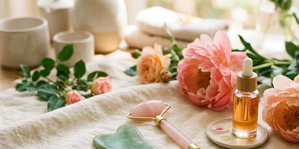 Donna che pratica massaggio facciale lifting con olio naturale su pelle luminosa