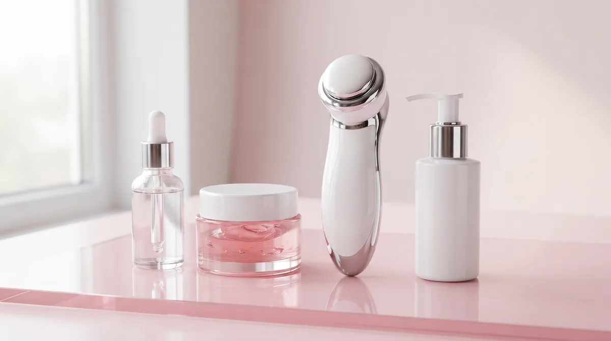 Dispositivo viso medicube Booster Pro accanto a sieri e crema al collagene, per le recensioni dei migliori prodotti medicube